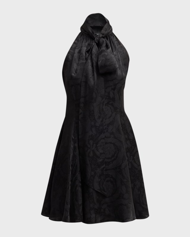 Baroque-Print Tie-Neck Sleeveless Mini Dress